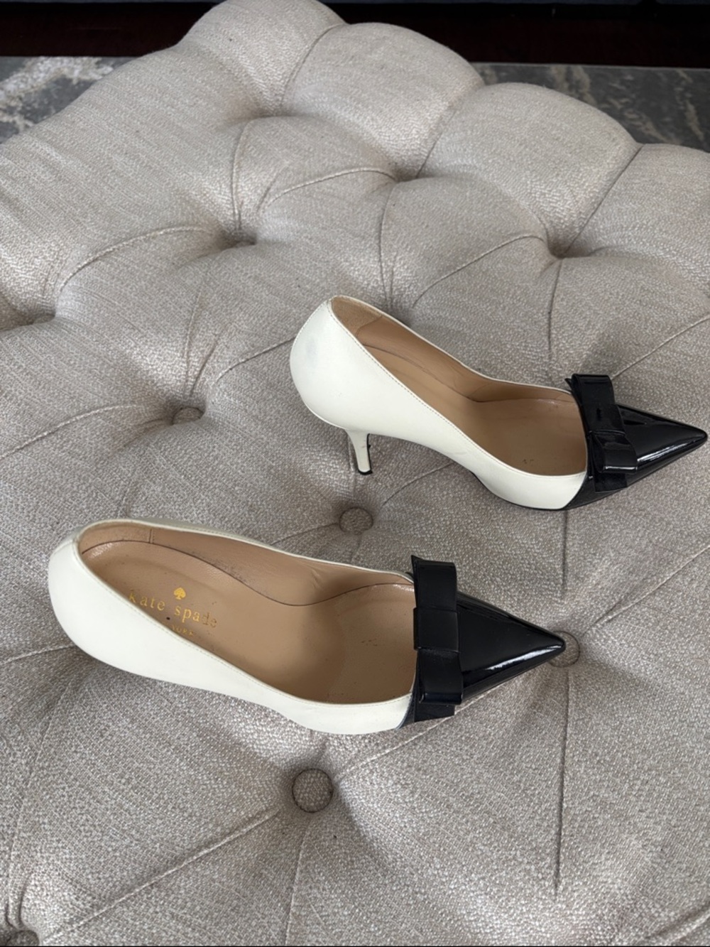 kate spade Black & Cream Pointed Toe Kitten Heels with Bow Accent